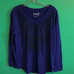 Hanes Ladies Indigo with Black Design Long Sleeved V neck Tee Shirt Size Large